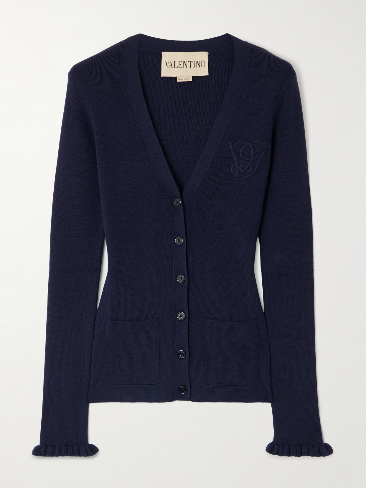 Valentino Embroidered Wool Cardigan In Blue