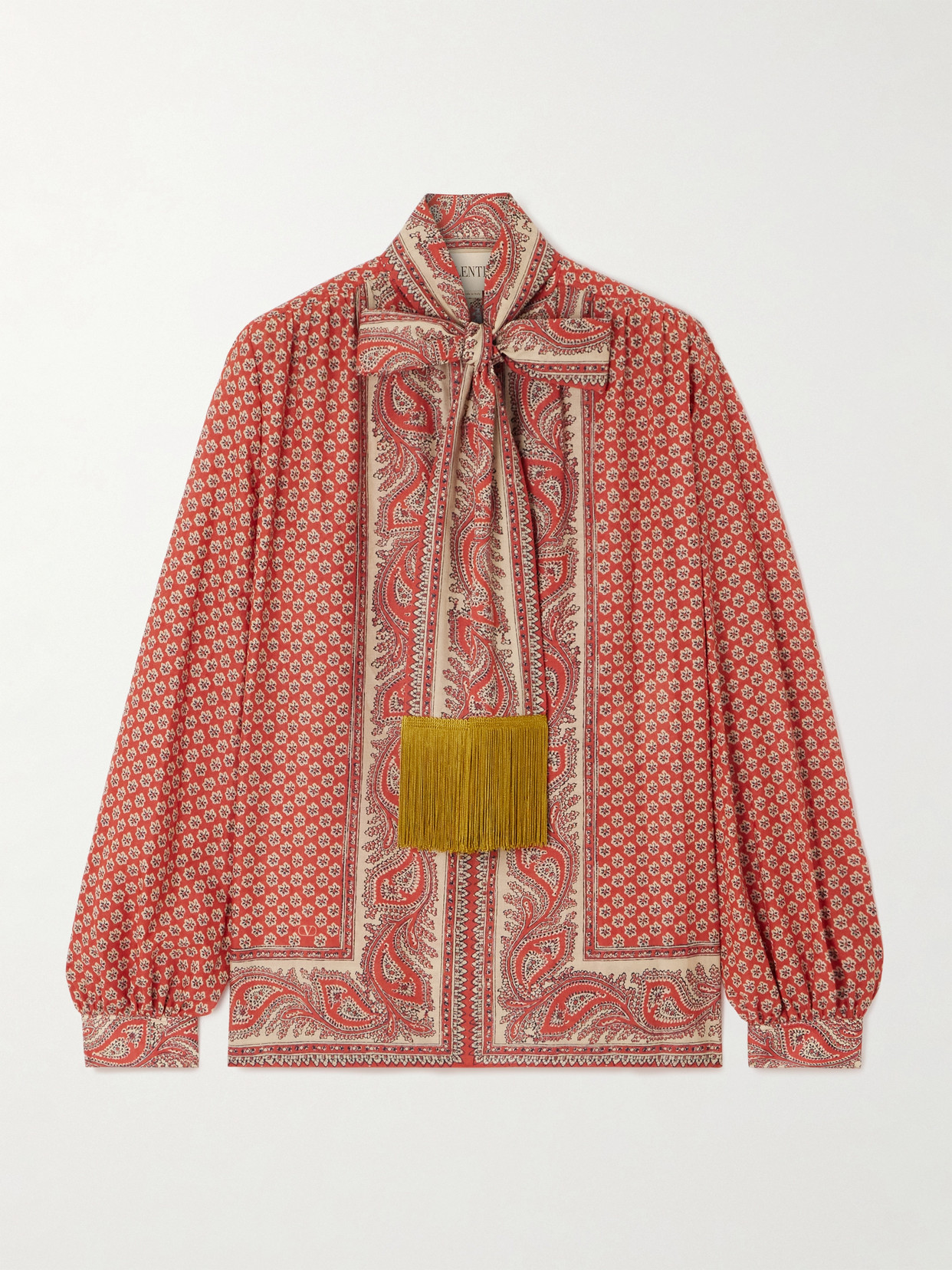 Valentino Fringed Scarf-detailed Printed Cotton Shirt In Pink