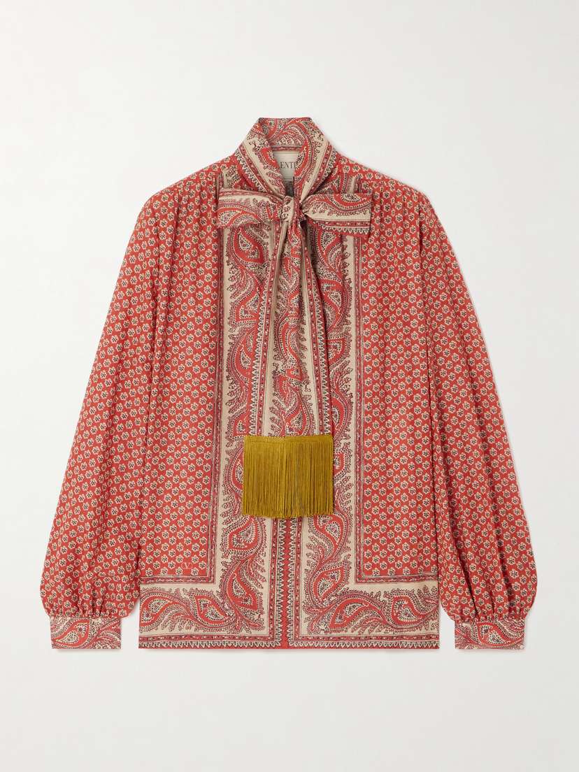 Valentino Garavani Fringed Scarf-detailed Printed Cotton Shirt