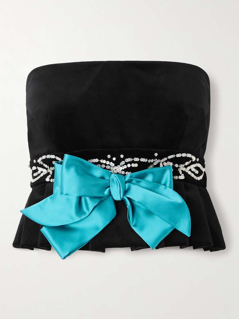 Valentino Garavani Embellished Satin-trimmed Cropped Cotton-blend Velvet Peplum Top