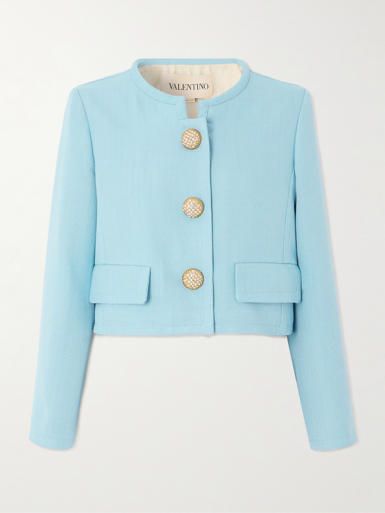 Valentino Womens Bluish Grey Embellished-button Round-neck Woven Jacket In Blue
