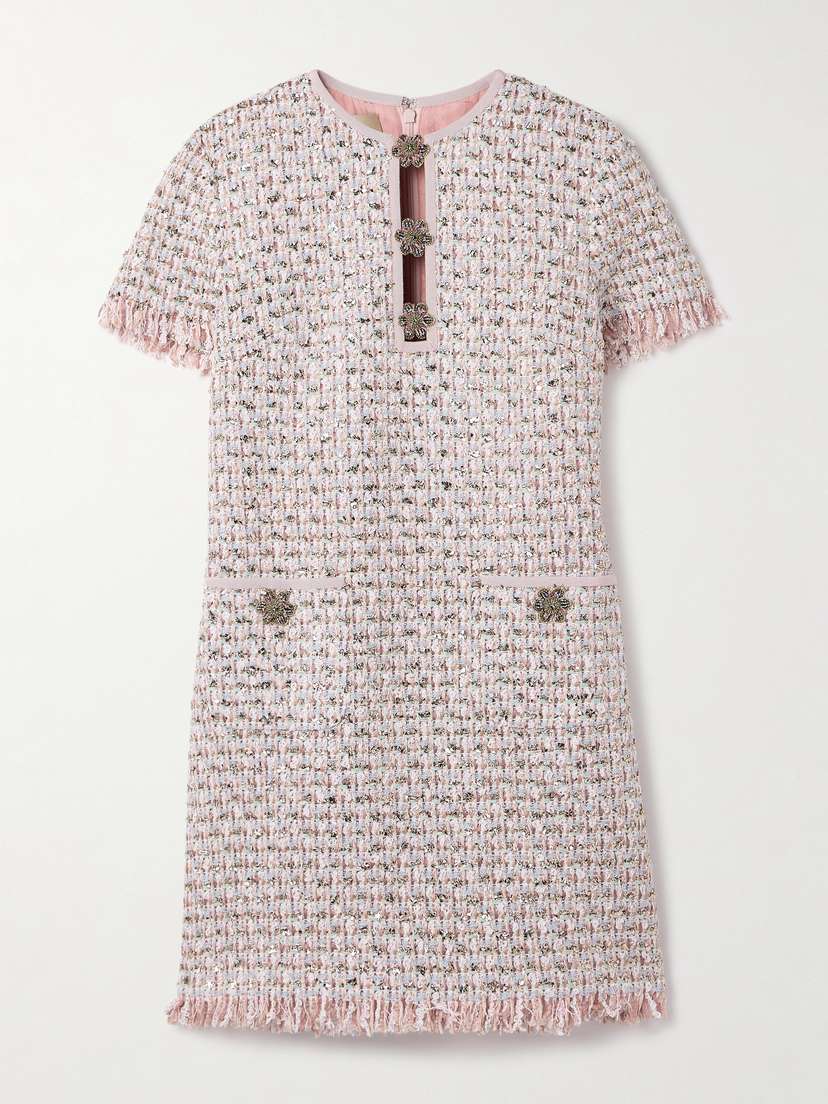 Valentino Garavani Embellished Frayed Metallic Tweed Mini Dress