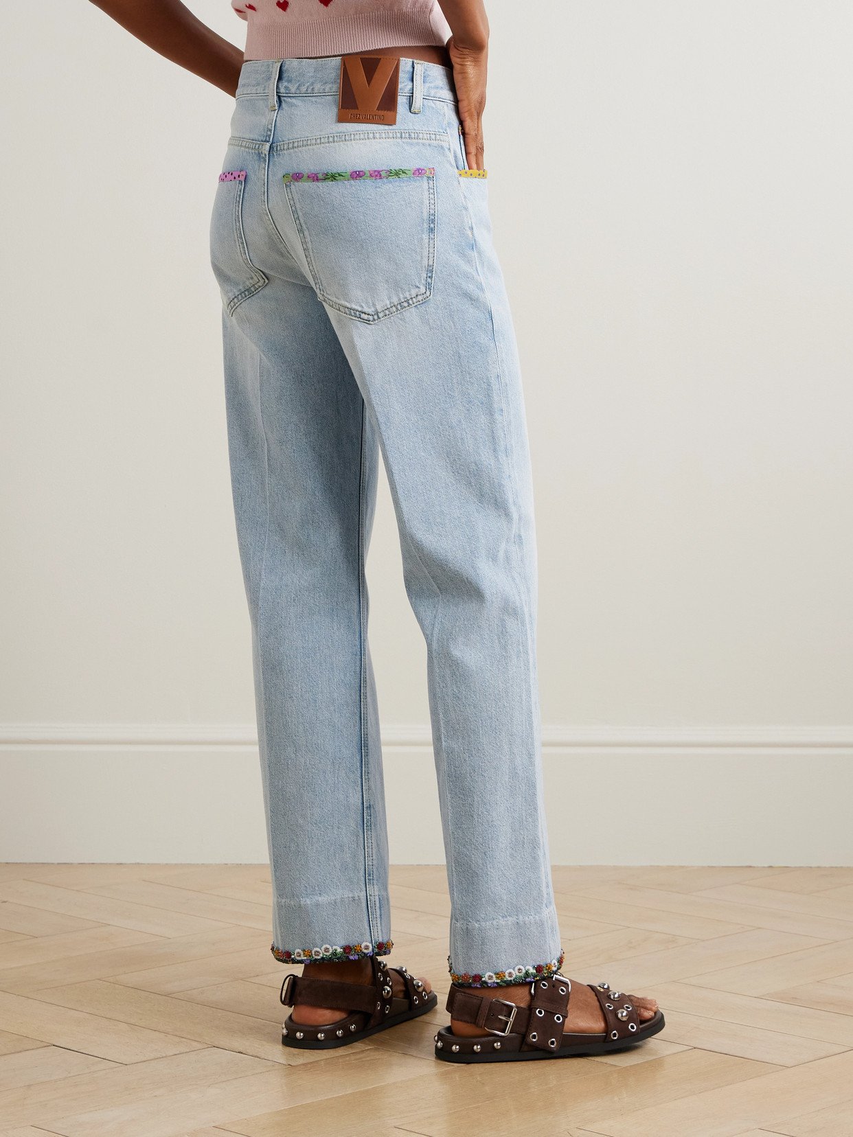 Valentino Embellished Printed Chiffon-trimmed Mid-rise Straight-leg Jeans