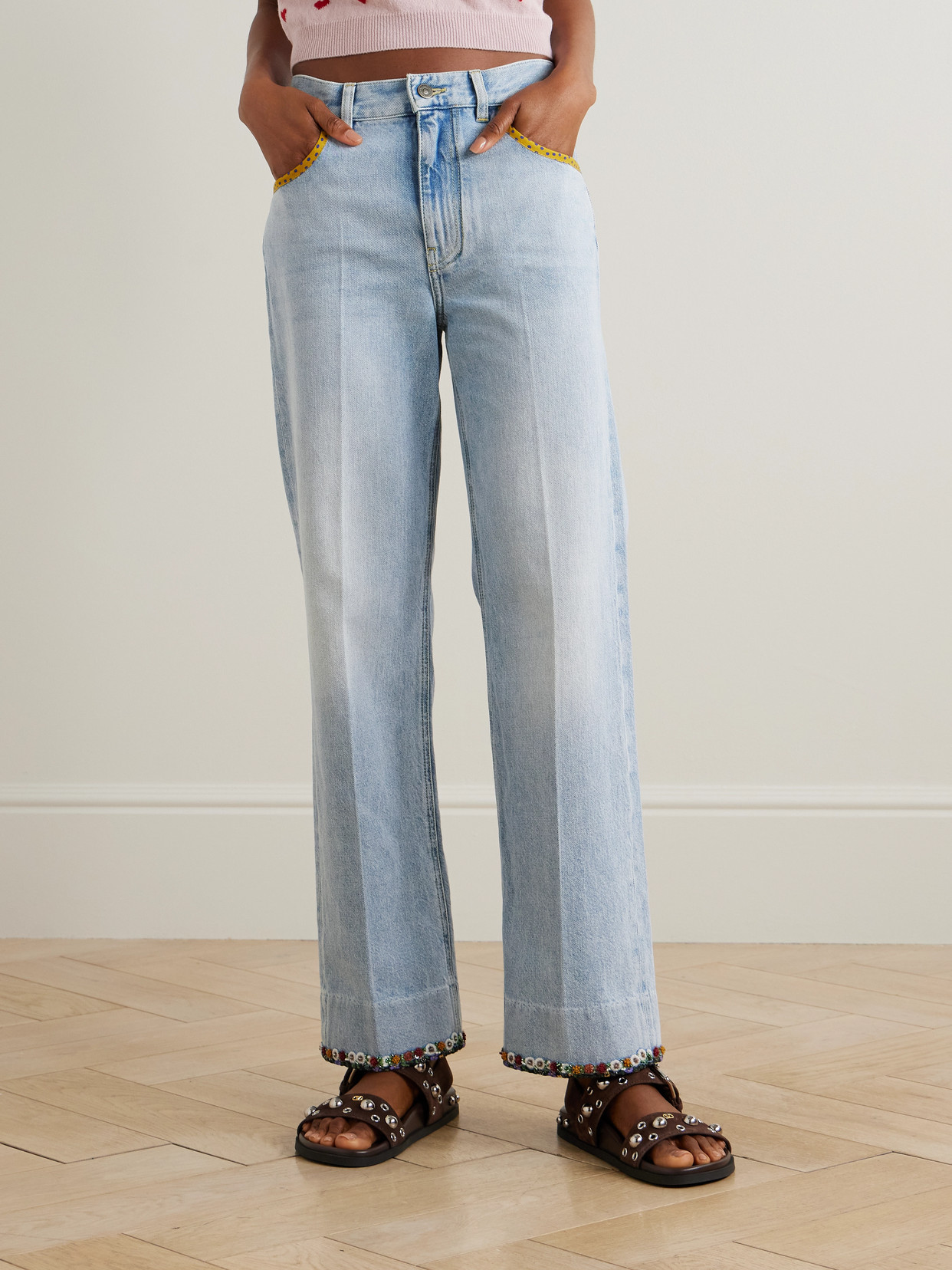 Valentino Embellished Printed Chiffon-trimmed Mid-rise Straight-leg Jeans