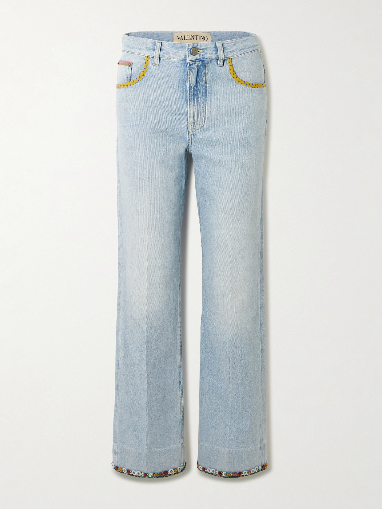 Valentino Embellished Printed Chiffon-trimmed Mid-rise Straight-leg Jeans