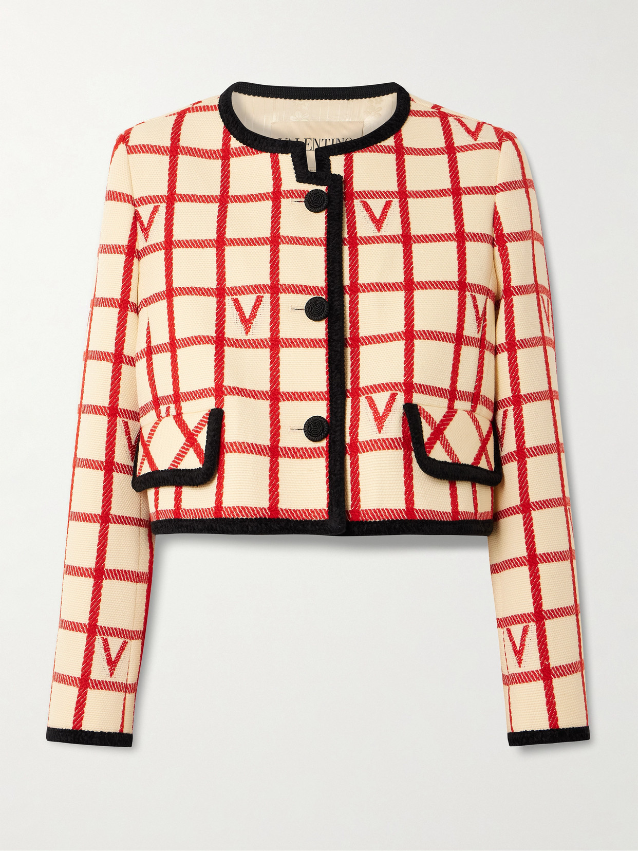 Valentino Vlogo Cropped Piped Wool-blend Jacket In Neutral