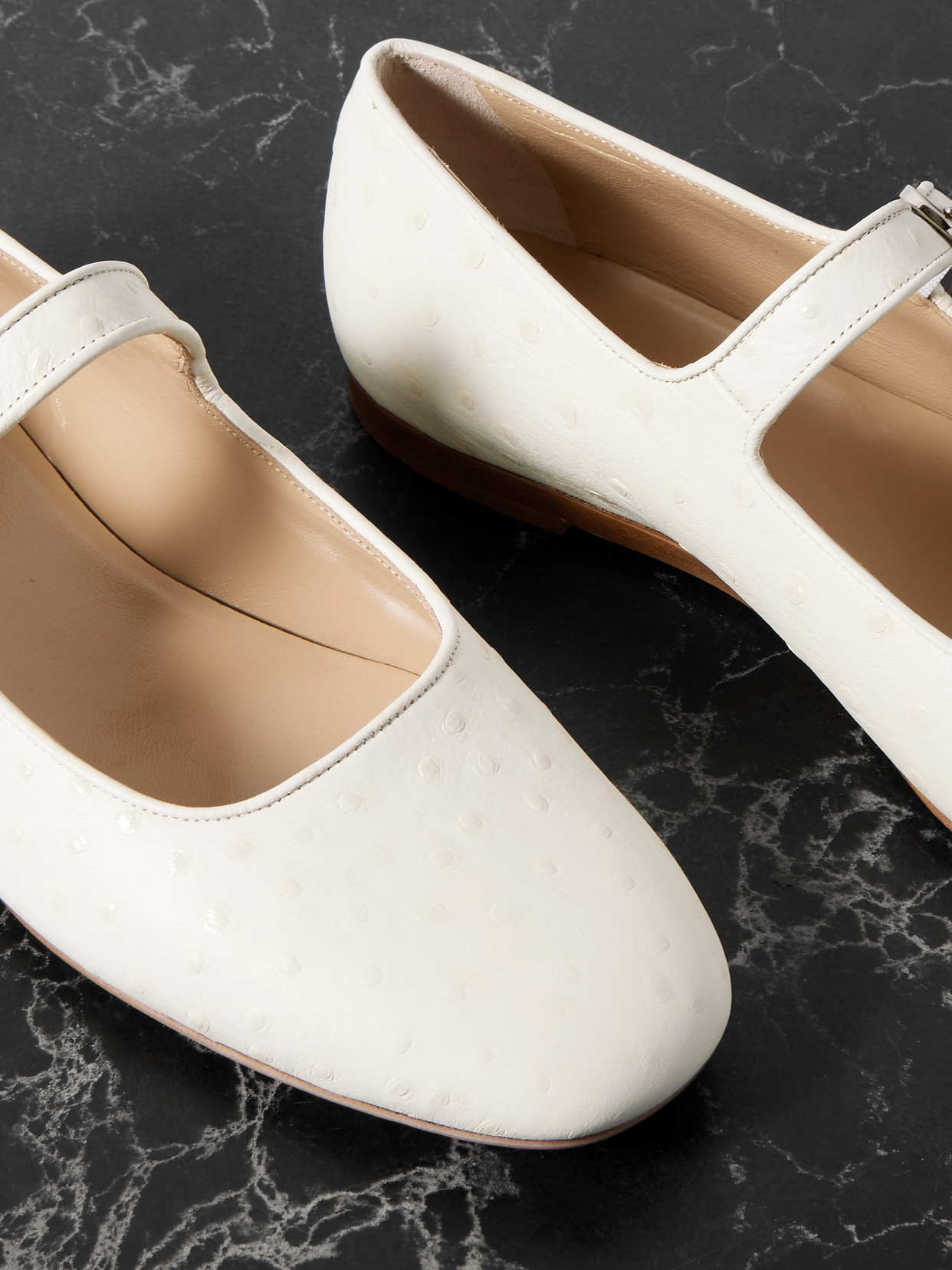 Le Monde Beryl Ostrich-effect Leather Mary Jane Ballet Flats In Ivory