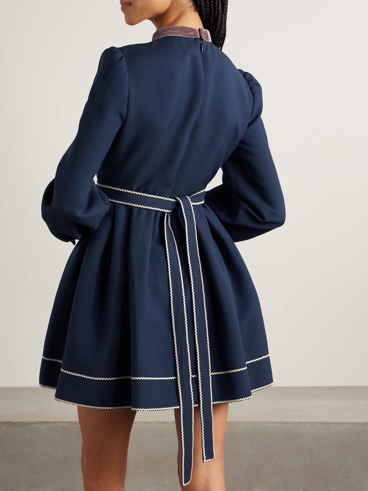Valentino Ricrac, Georgette And Velvet-trimmed Wool And Silk-blend Mini Dress In Blue