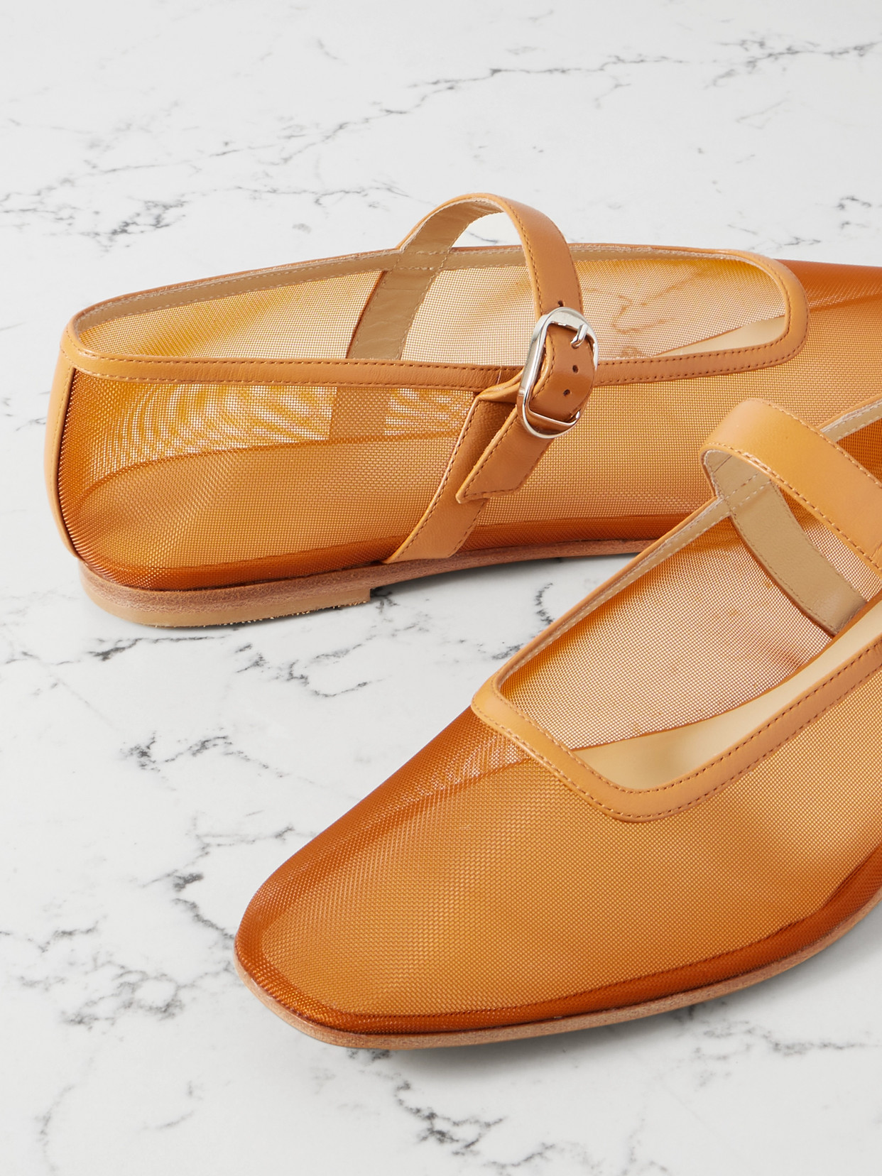 Le Monde Beryl Patent Leather-trimmed Mesh Mary Jane Ballet Flats In Brown