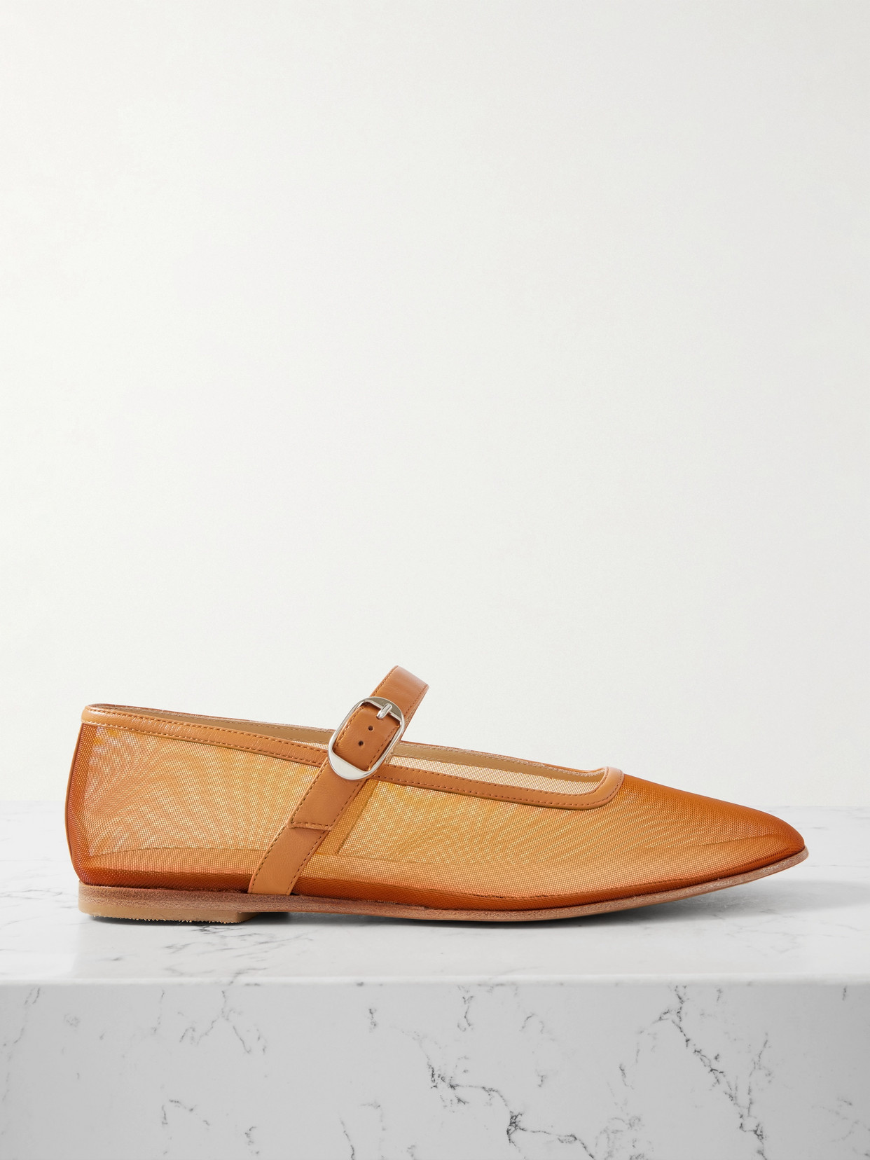 Le Monde Beryl Patent Leather-trimmed Mesh Mary Jane Ballet Flats In Brown