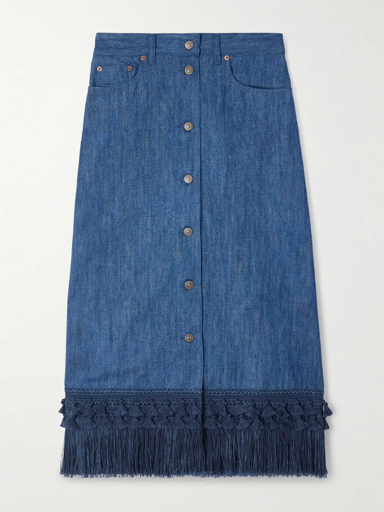 Valentino Tasseled Fringed Denim Midi Skirt In Blue