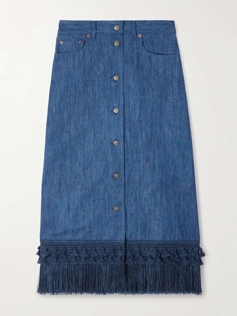 Valentino Garavani Tasseled Fringed Denim Midi Skirt