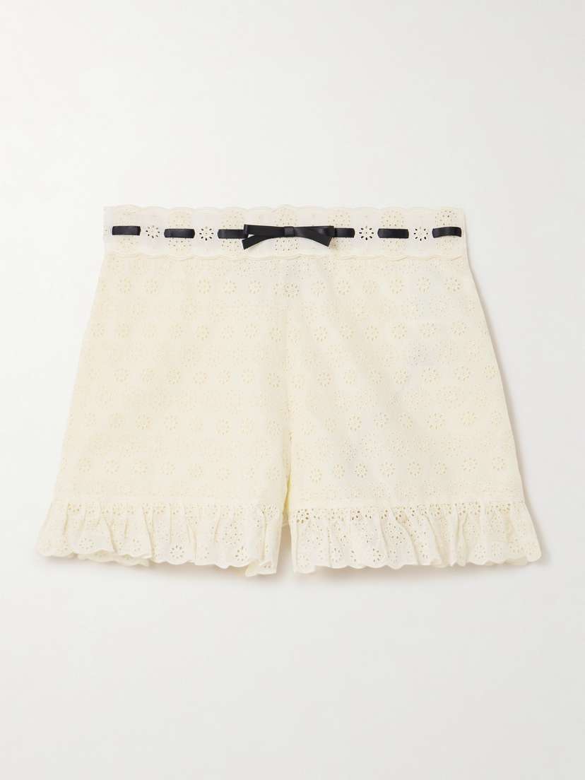 Valentino Garavani — Satin-trimmed ruffled broderie anglaise cotton shorts