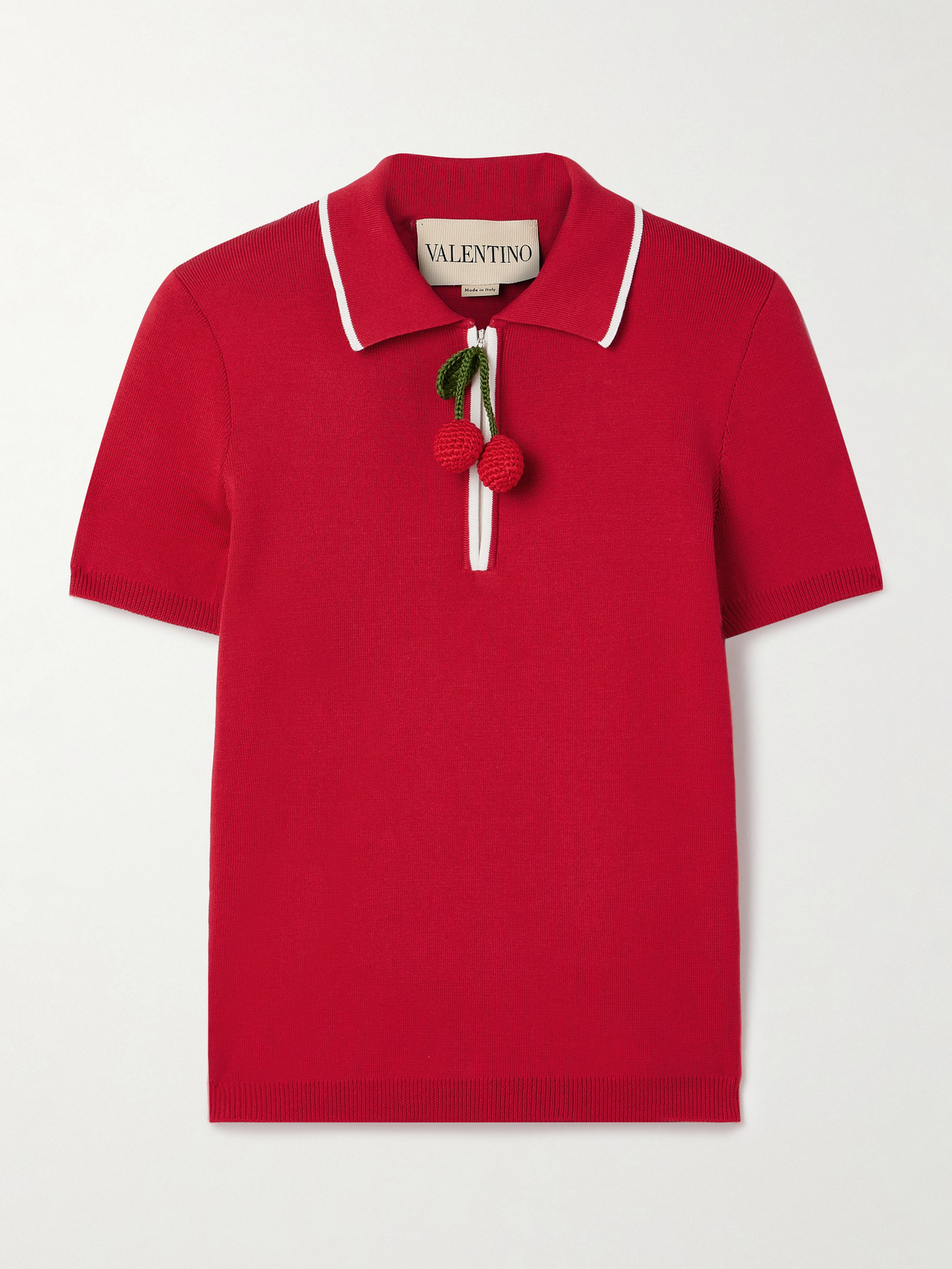 Valentino Embellished Ribbed Cotton Polo Shirt In Red