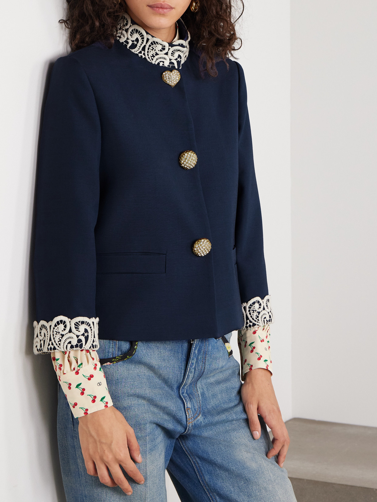 Valentino Guipure Lace-trimmed Wool And Silk-blend Twill Jacket In Blue
