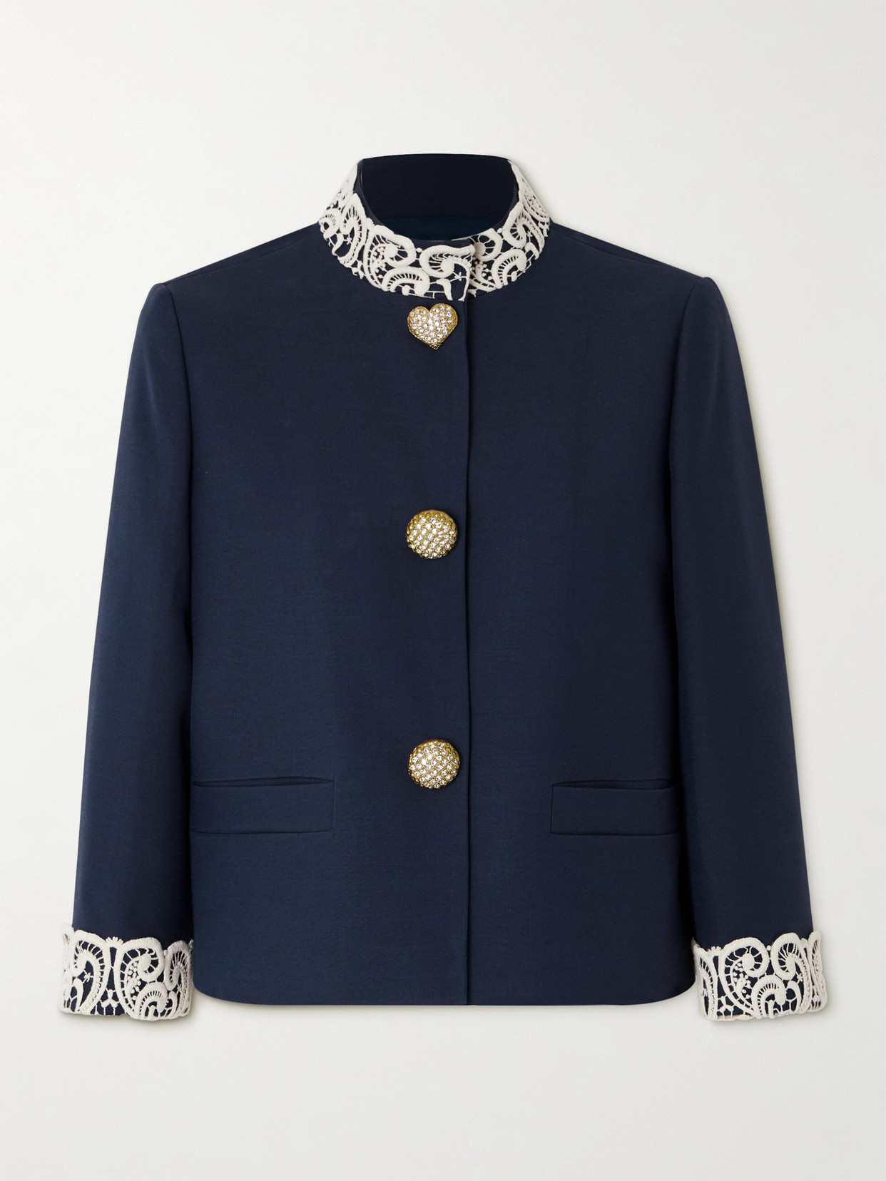 Valentino Guipure Lace-trimmed Wool And Silk-blend Twill Jacket In Blue