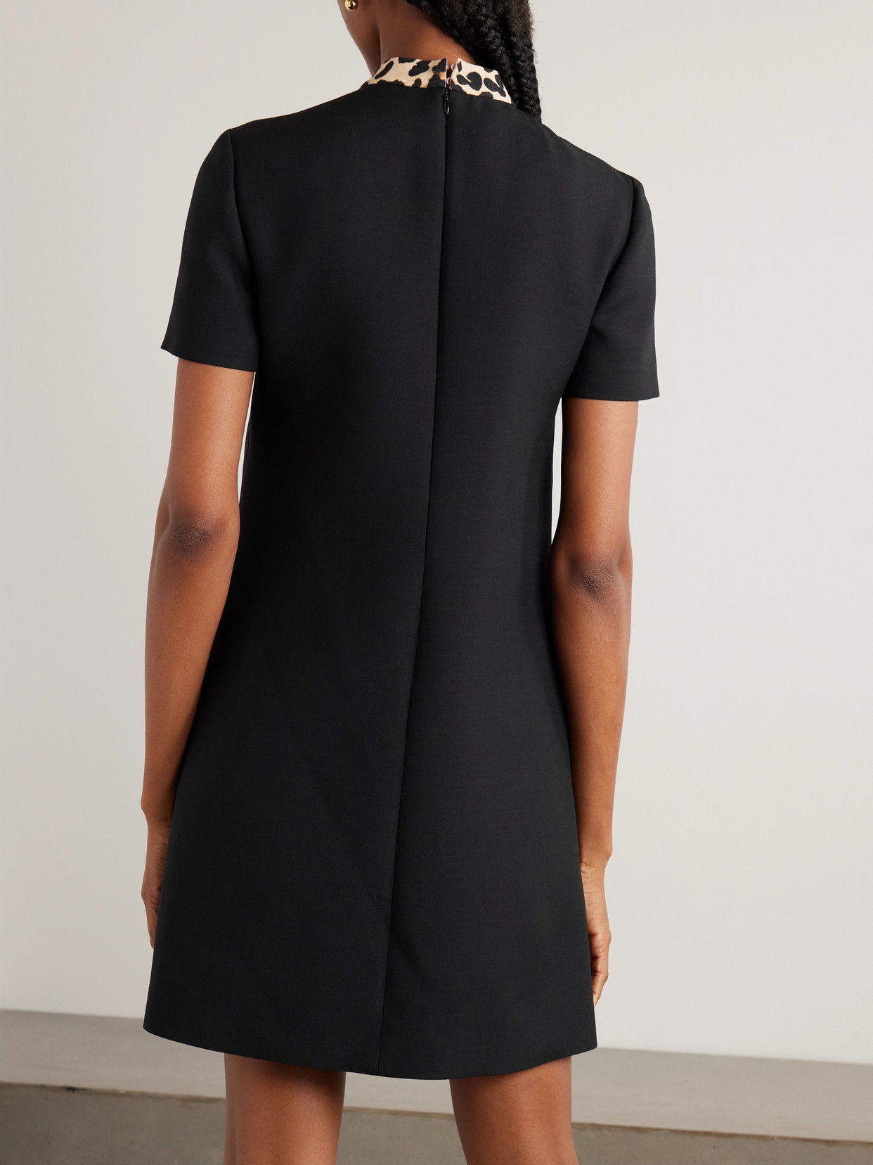 Valentino Embellished Pussy-bow Wool And Silk-blend Crepe Mini Dress In Black