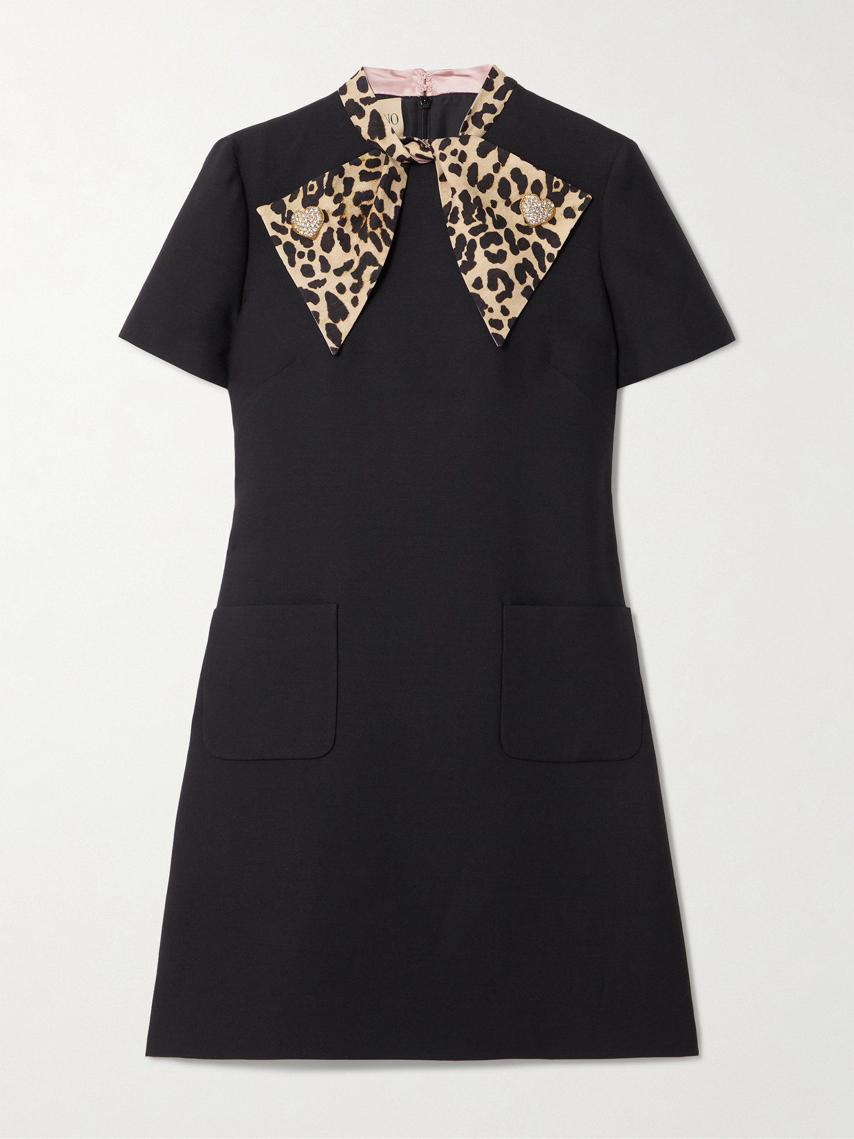 Valentino Embellished Pussy-bow Wool And Silk-blend Crepe Mini Dress In Black