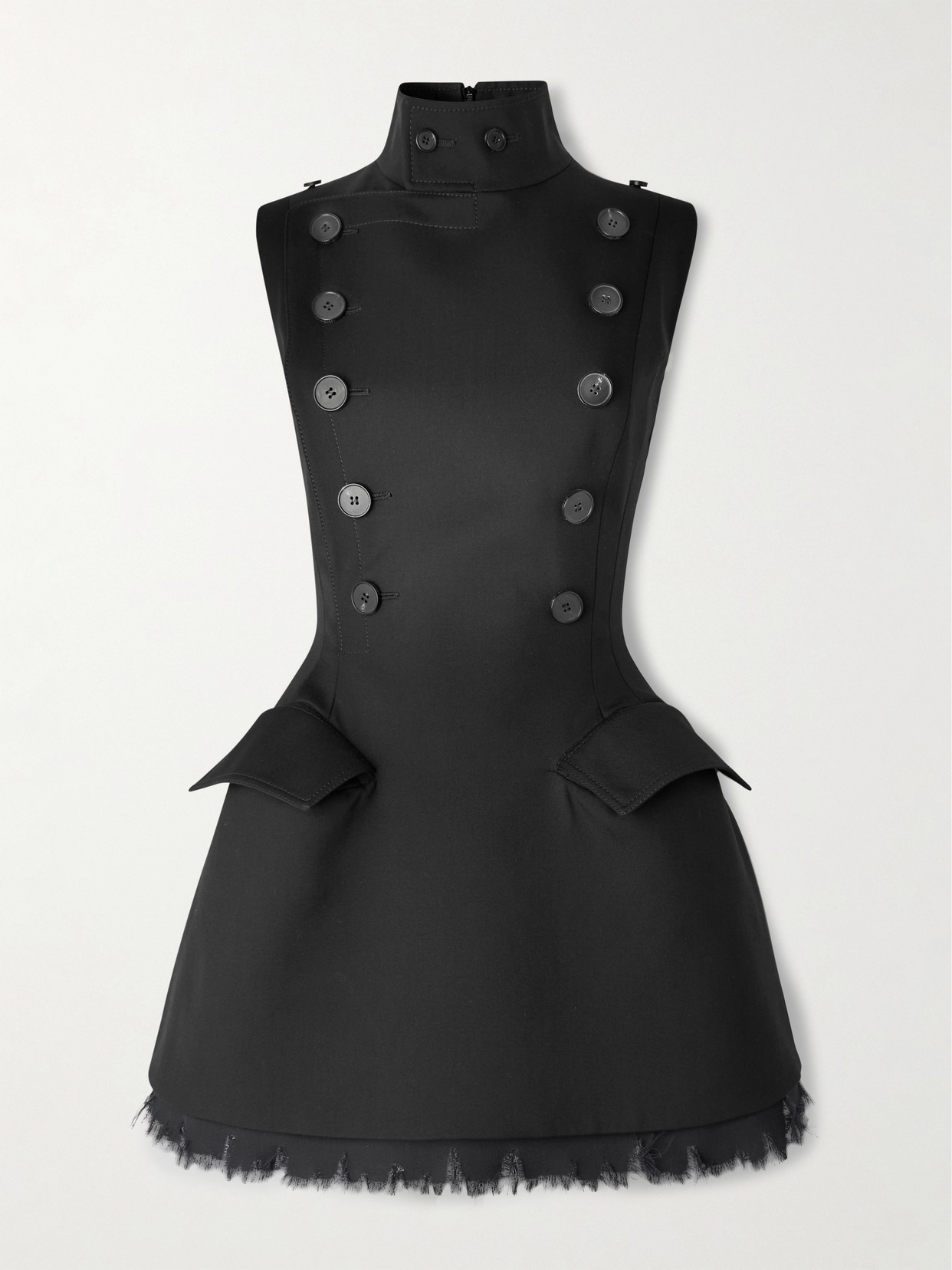 Alexander Mcqueen Raw Hem Double-breasted Hourglass Wool Mini Dress In Black