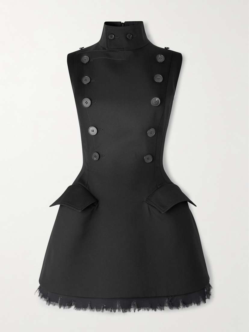 McQueen Frayed Chiffon-trimmed Wool-gabardine Mini Dress