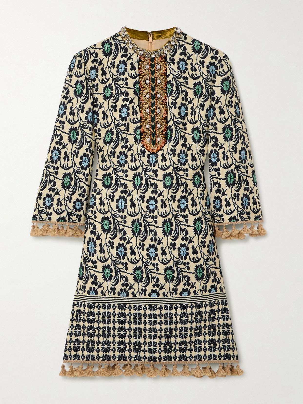 Valentino Embellished Tasseled Jacquard Mini Dress In Multi