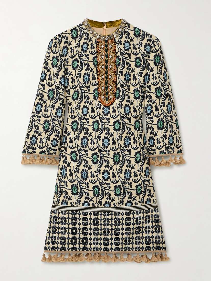 Valentino Garavani Embellished Tasseled Jacquard Mini Dress