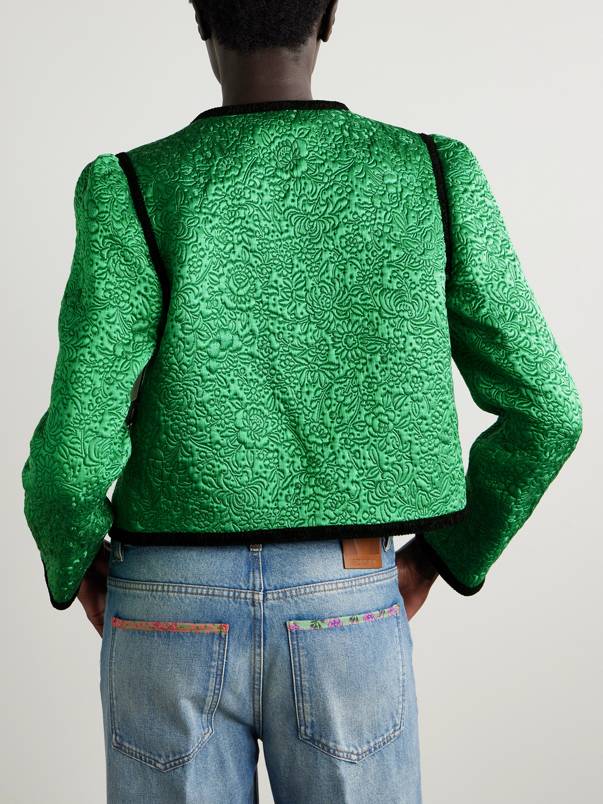 Valentino Velvet-trimmed Floral-jacquard Wool And Silk-blend Satin Jacket In Green