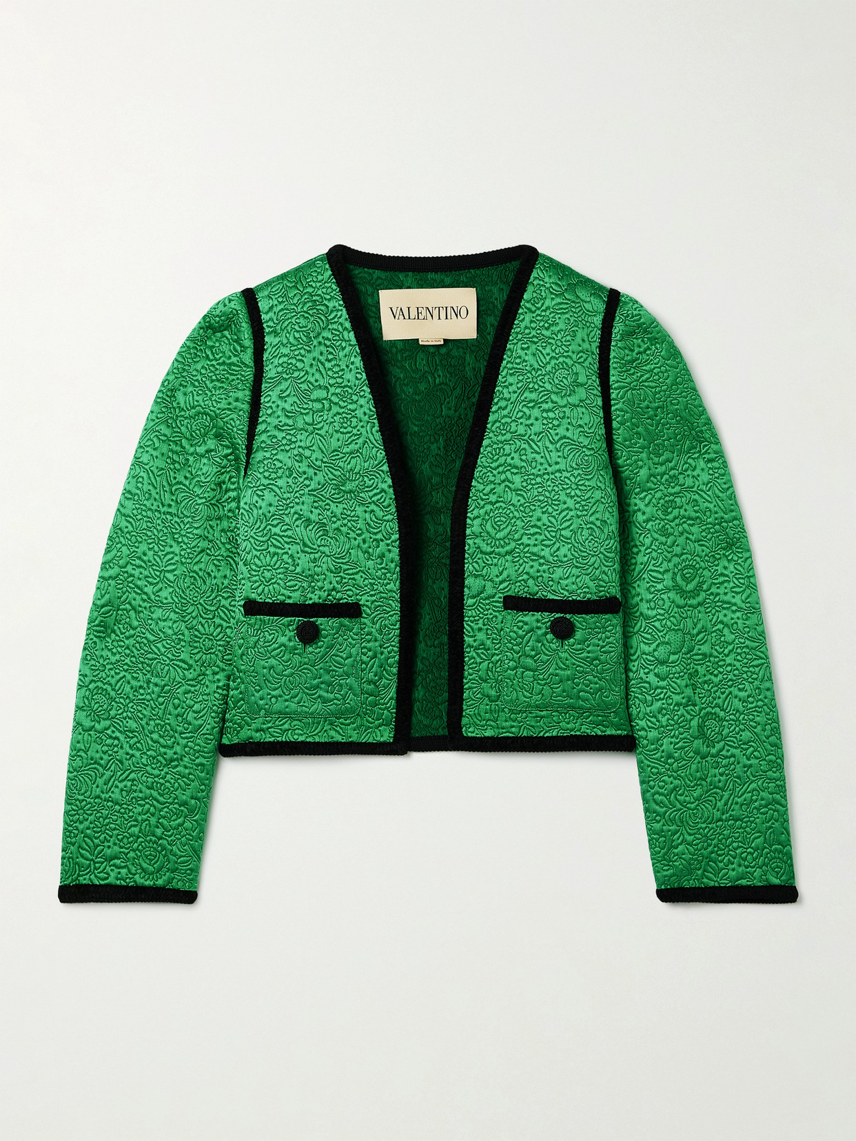 Valentino Velvet-trimmed Floral-jacquard Wool And Silk-blend Satin Jacket In Green