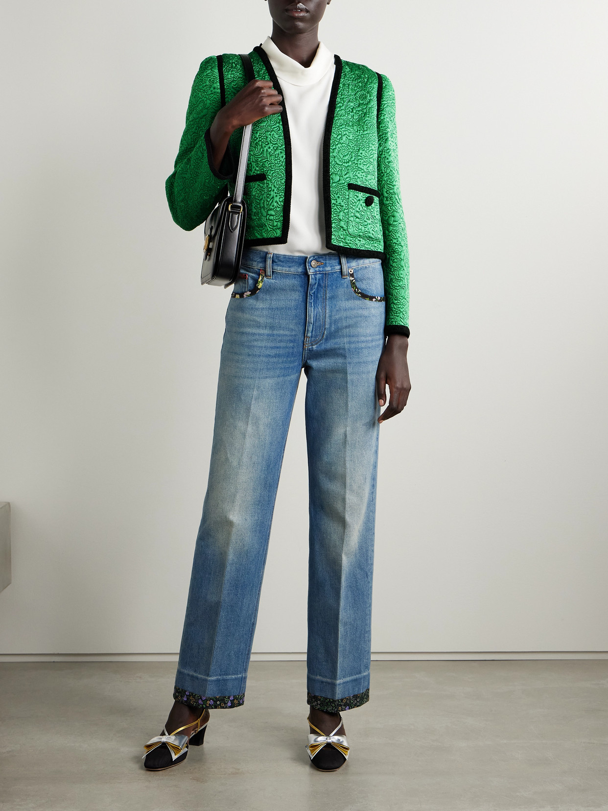 Valentino Velvet-trimmed Floral-jacquard Wool And Silk-blend Satin Jacket In Green