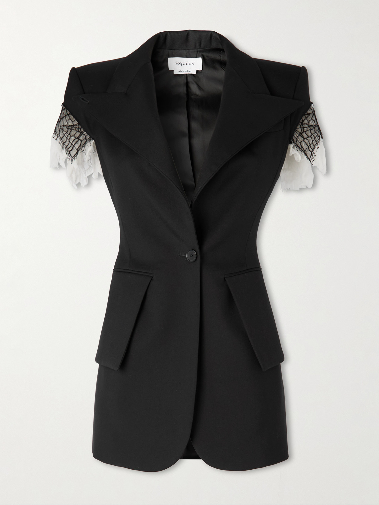 MCQUEEN - Crinkled-silk And Lace-trimmed Wool-gabardine Jacket - Black