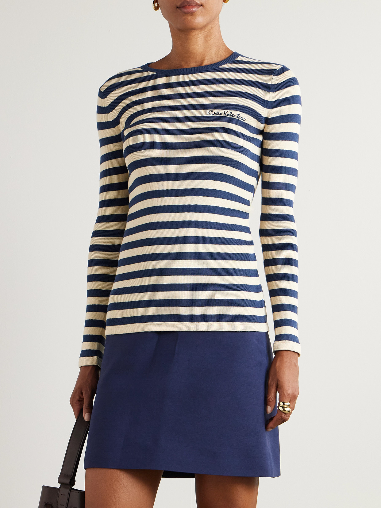 Valentino Striped Ribbed-knit Cotton Sweater In Black