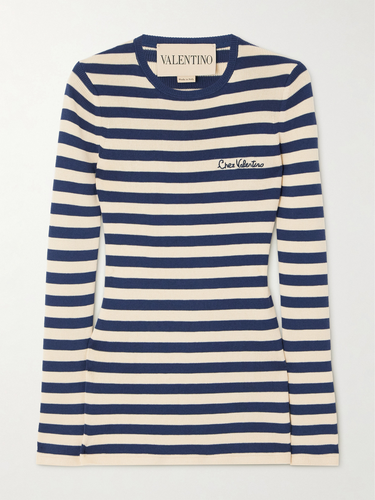 Valentino Striped Ribbed-knit Cotton Sweater In Black
