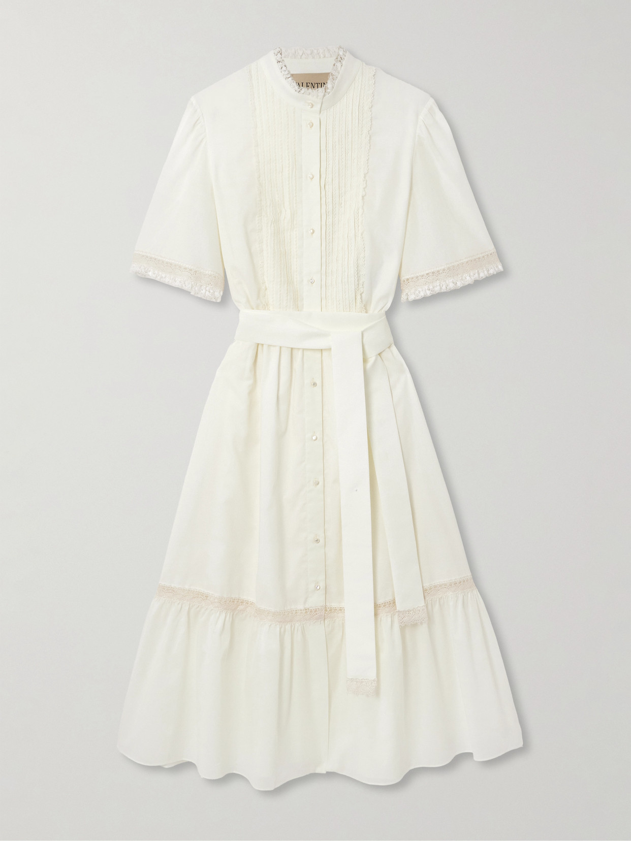 Valentino Belted Lace-trimmed Pintucked Cotton-poplin Midi Dress In White
