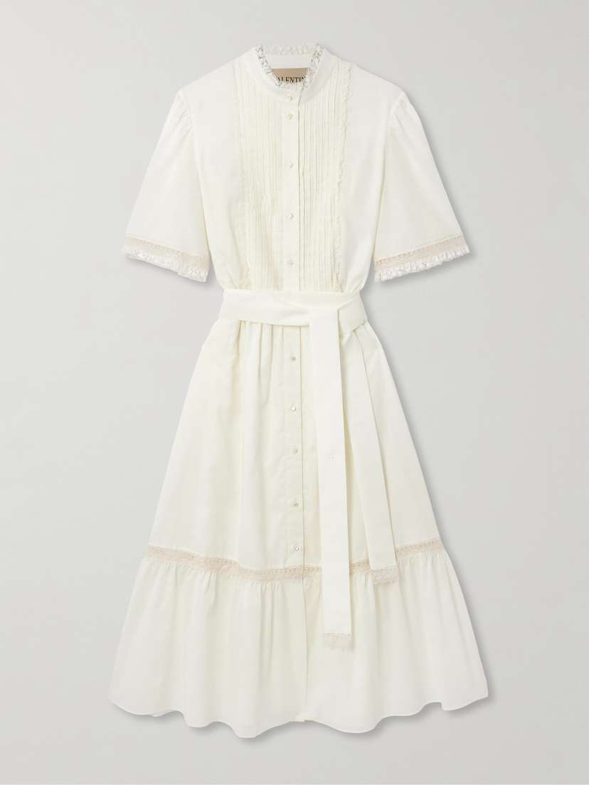 Valentino Garavani Belted Lace-trimmed Pintucked Cotton-poplin Midi Dress