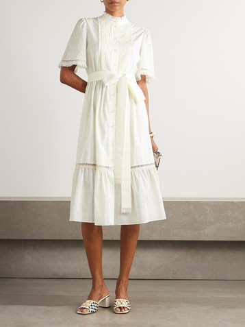 Valentino Garavani Belted lace-trimmed pintucked cotton-poplin midi dress