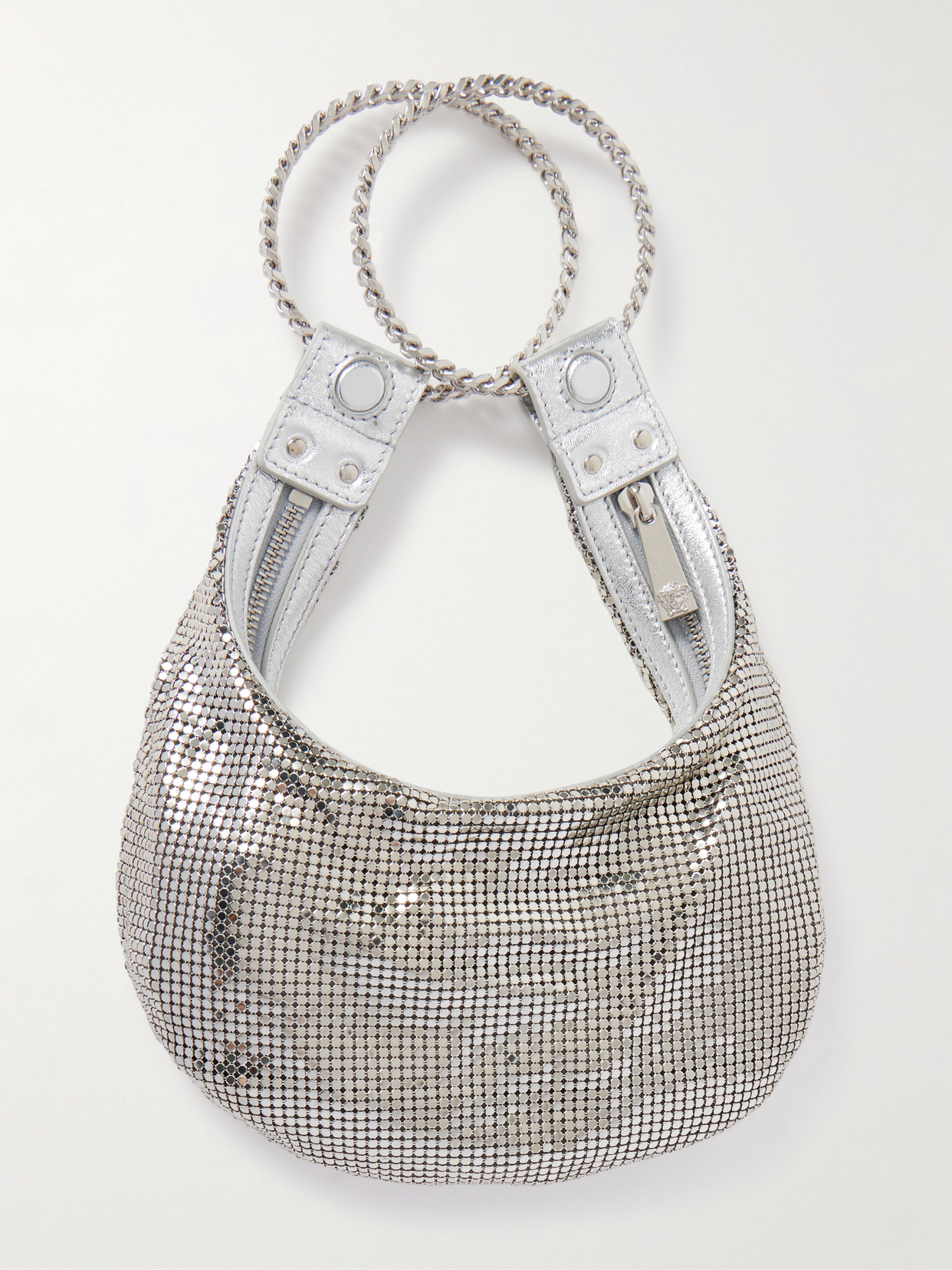Shop Versace Metallic Leather-trimmed Chainmail Shoulder Bag In Silver