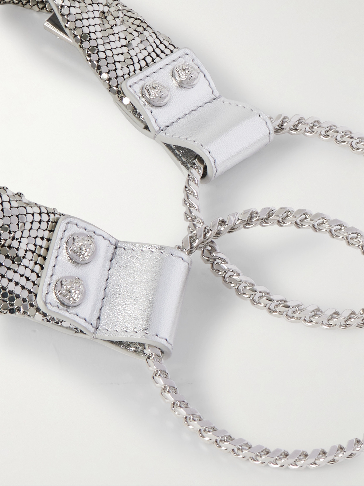 Shop Versace Metallic Leather-trimmed Chainmail Shoulder Bag In Silver