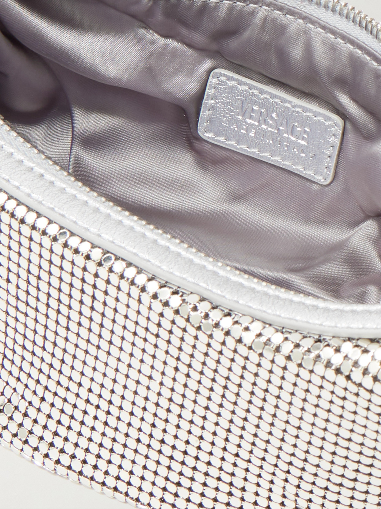 Shop Versace Metallic Leather-trimmed Chainmail Shoulder Bag In Silver