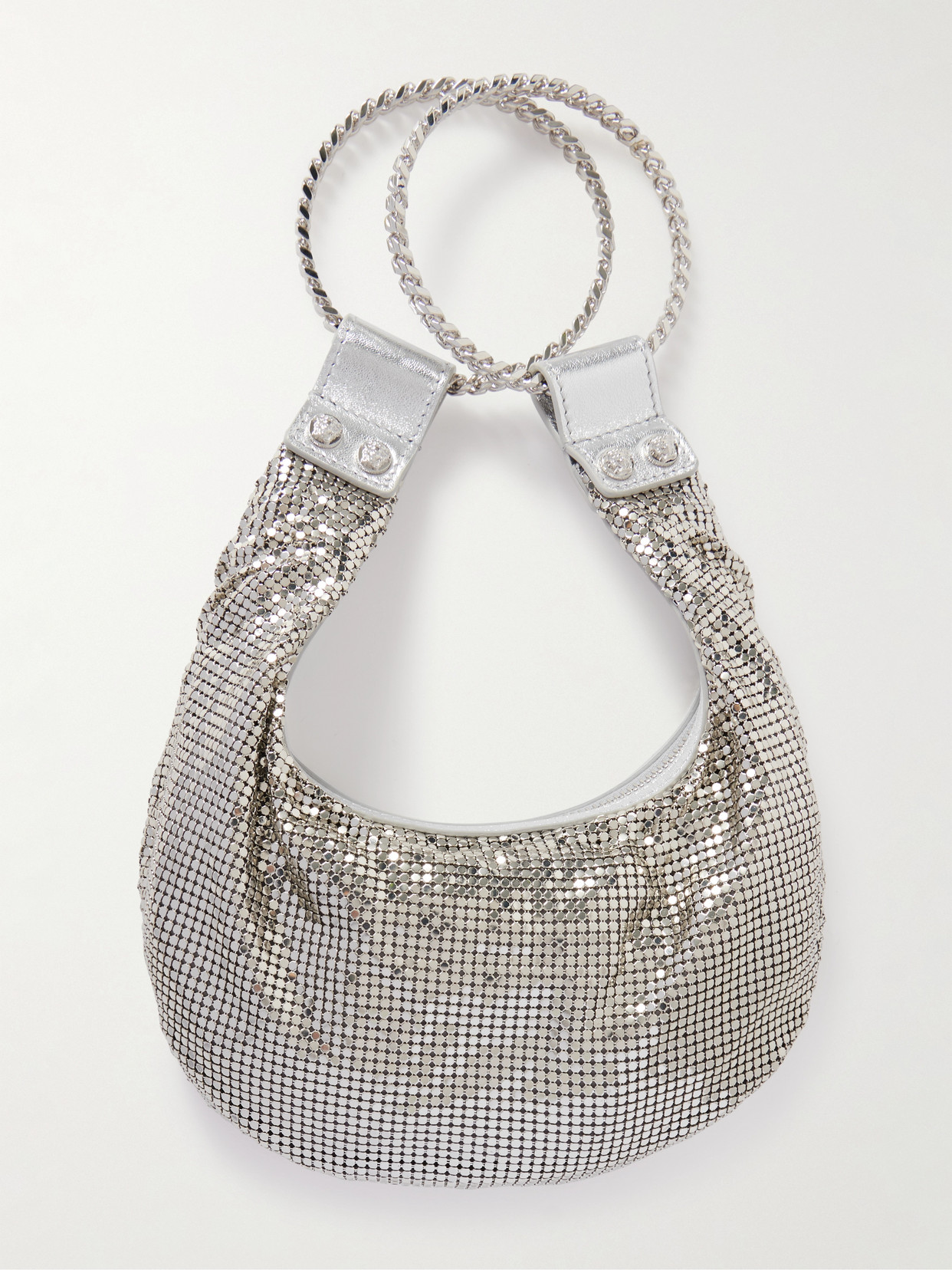 Versace Metallic Leather-trimmed Chainmail Shoulder Bag In Silver