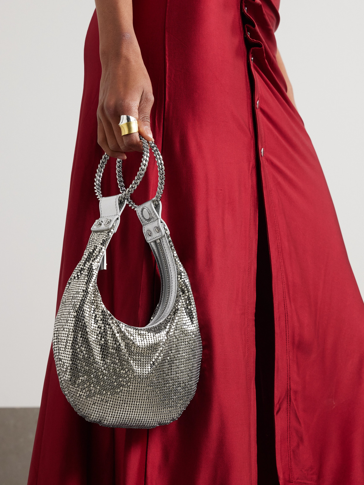Shop Versace Metallic Leather-trimmed Chainmail Shoulder Bag In Silver