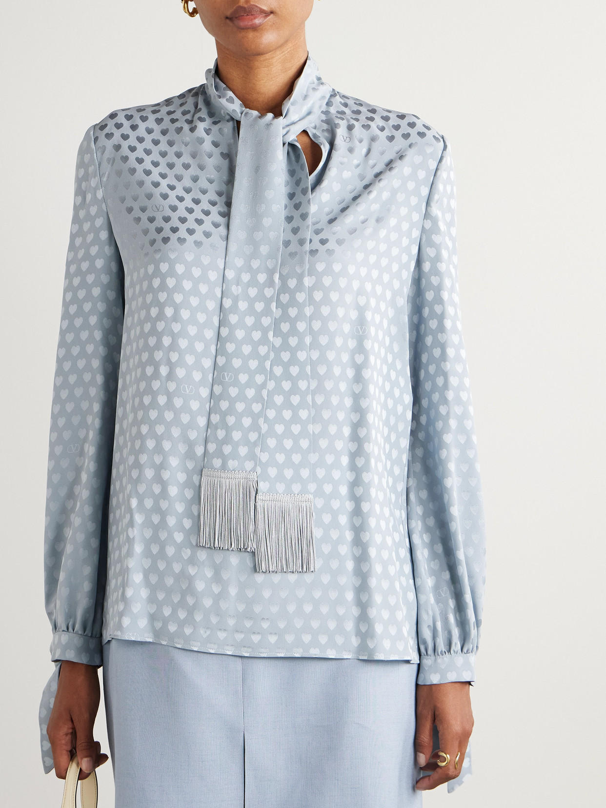 Garavani - Fringed Tie-Neck Silk-Jacquard Blouse