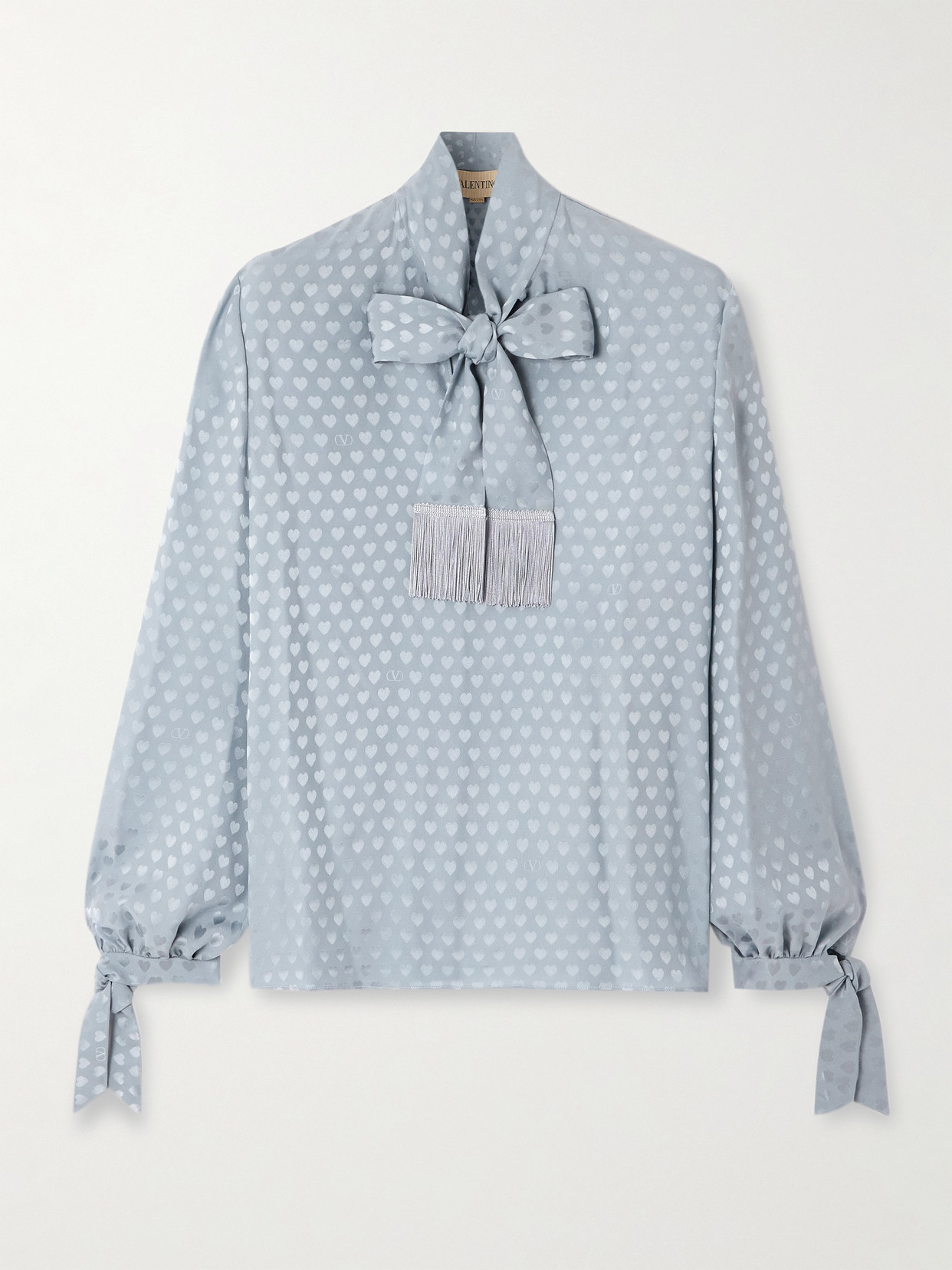 Valentino Fringed Tie-neck Silk-jacquard Blouse In Blue