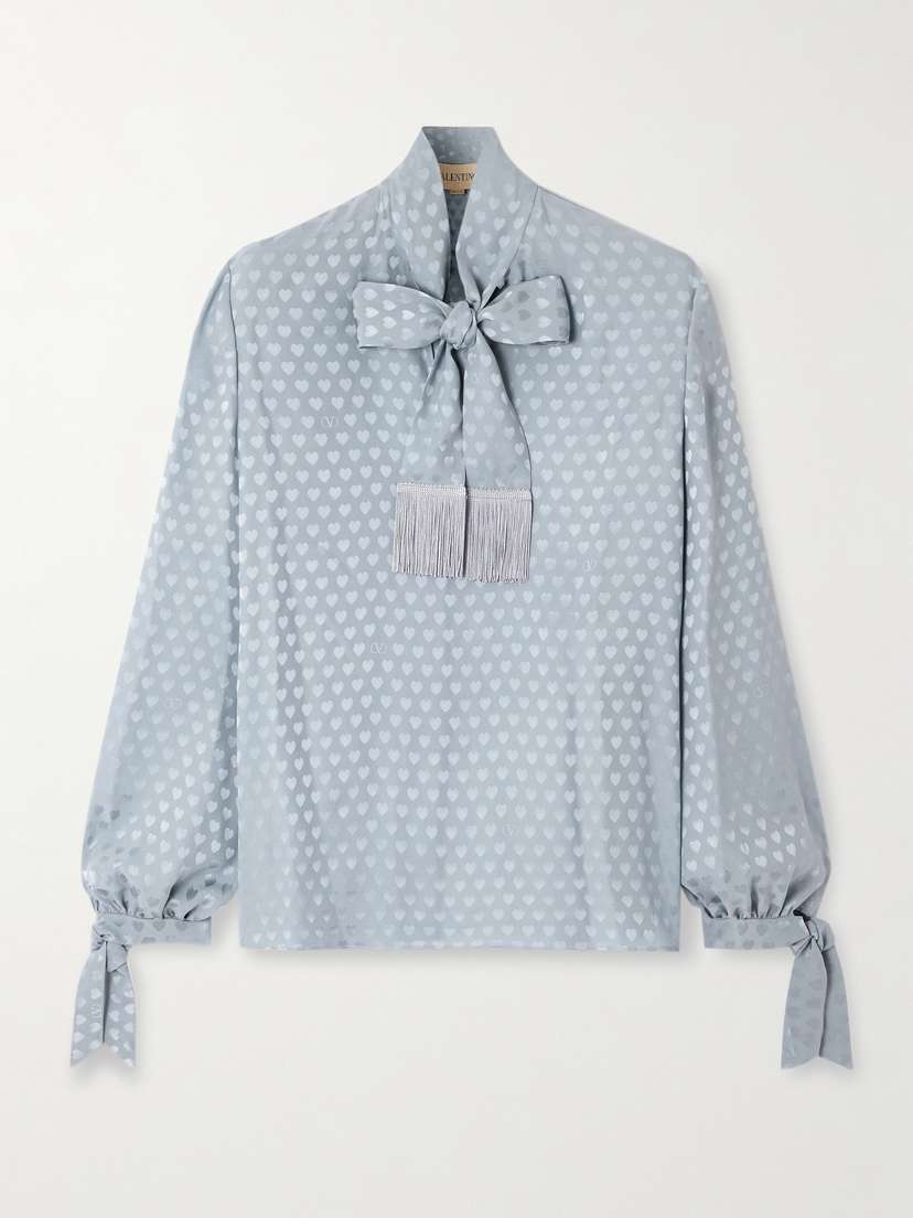 Valentino Garavani — Fringed tie-neck silk-jacquard blouse