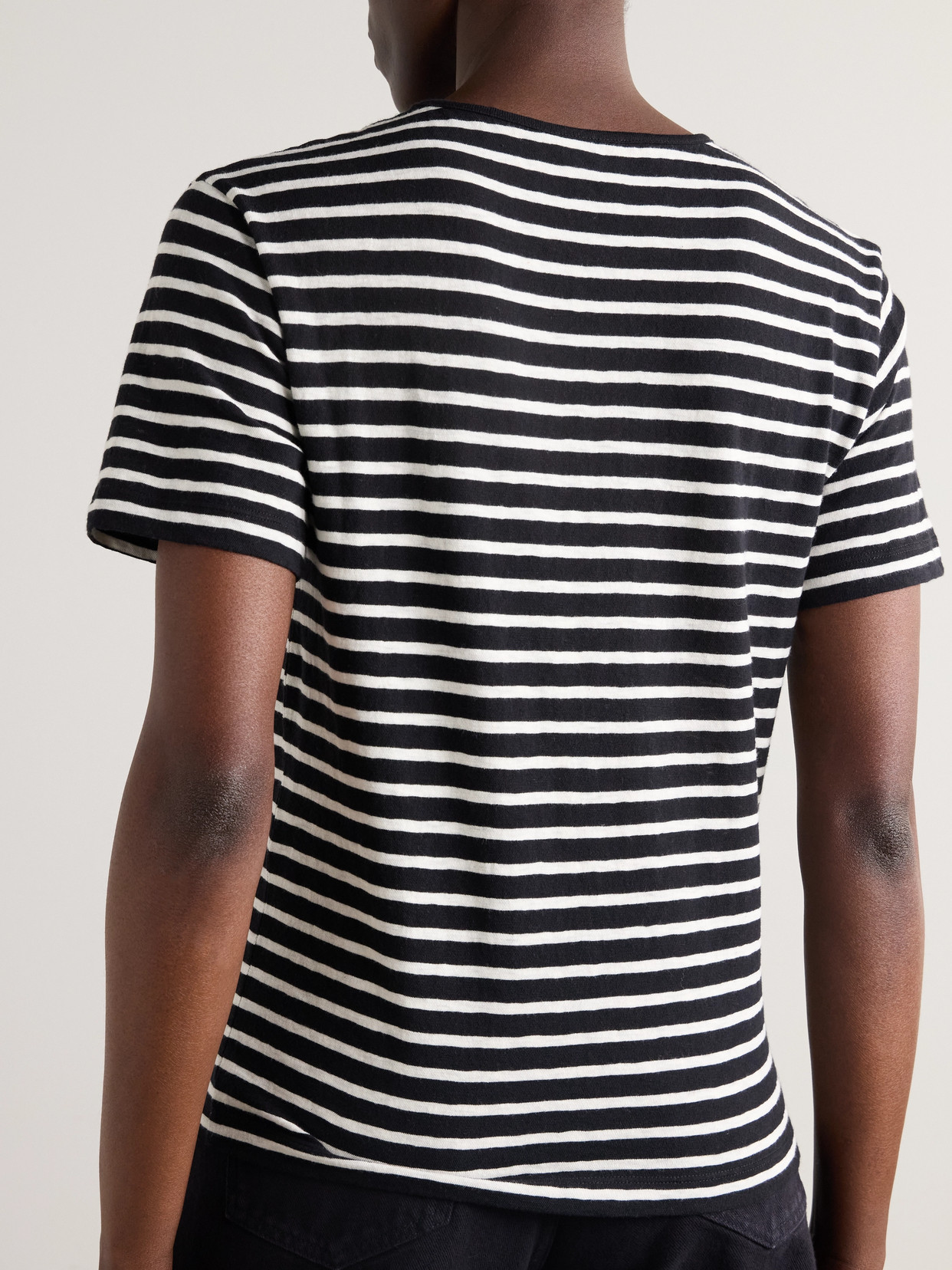 Shop Saint Laurent Embroidered Striped Cotton-jersey T-shirt In Black