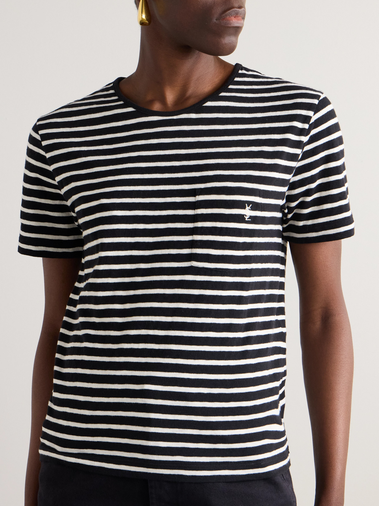 Shop Saint Laurent Embroidered Striped Cotton-jersey T-shirt In Black