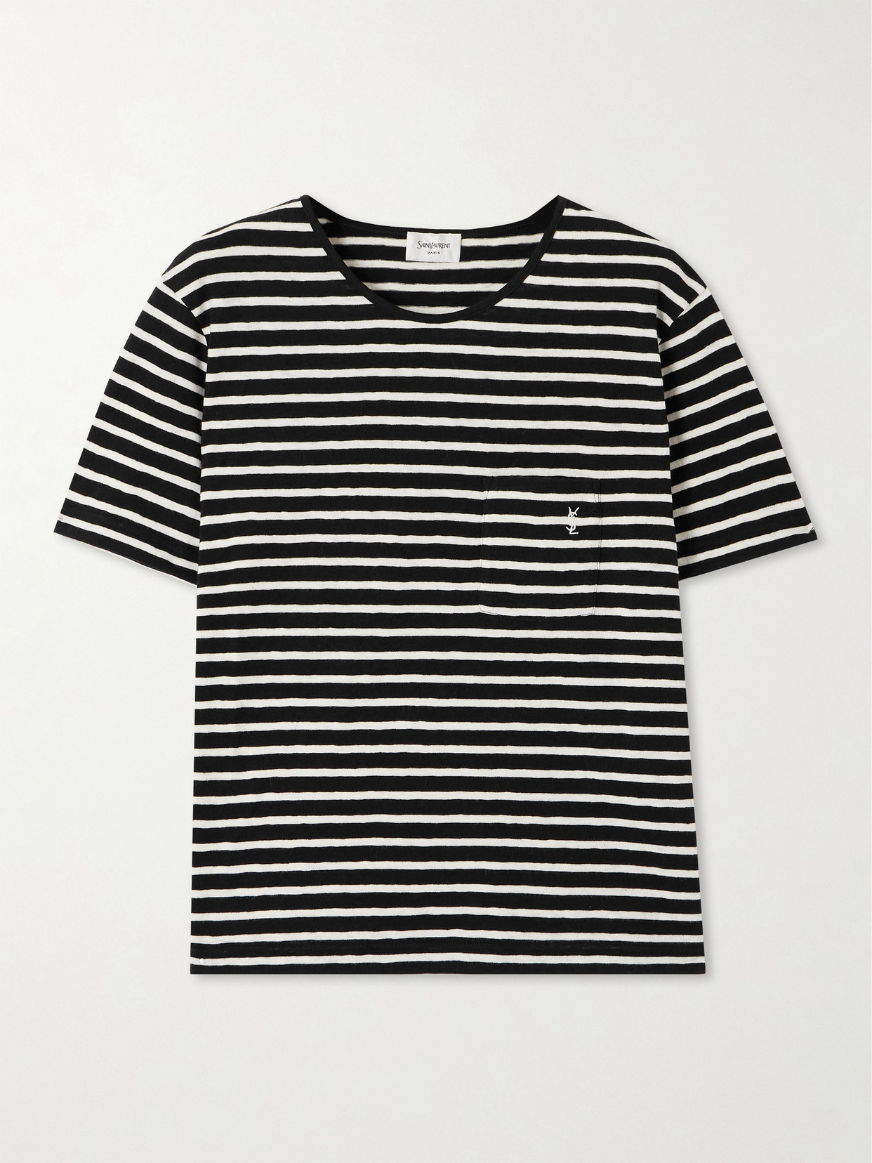Shop Saint Laurent Embroidered Striped Cotton-jersey T-shirt In Black