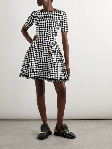 McQueen Fringed houndstooth jacquard-knit mini dress