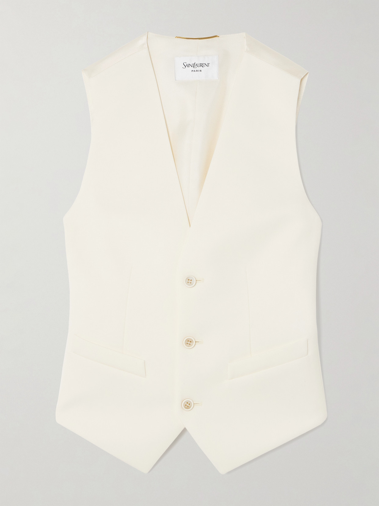 Saint Laurent Silk Satin-trimmed Grain De Poudre Wool Vest In Off-white