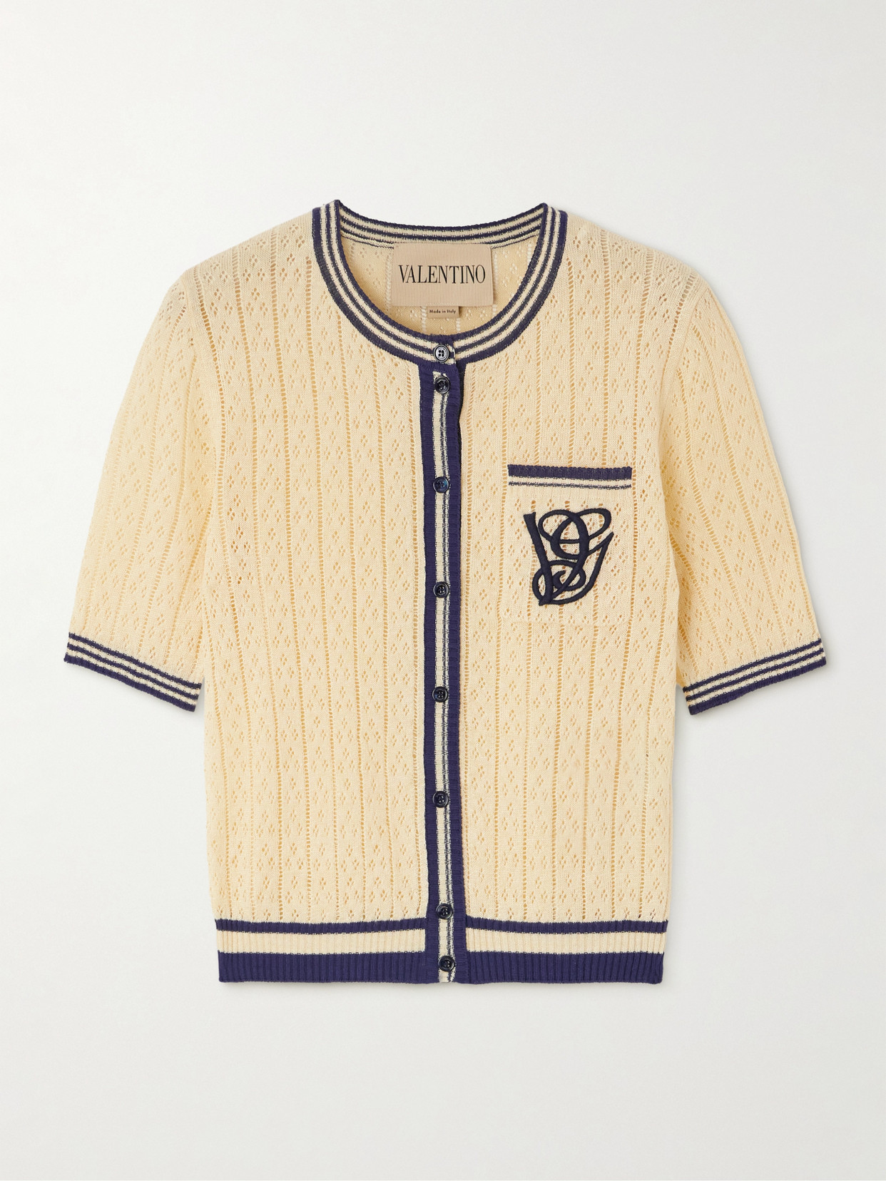 Valentino Embroidered Striped Pointelle-knit Linen-blend Cardigan In Metallic