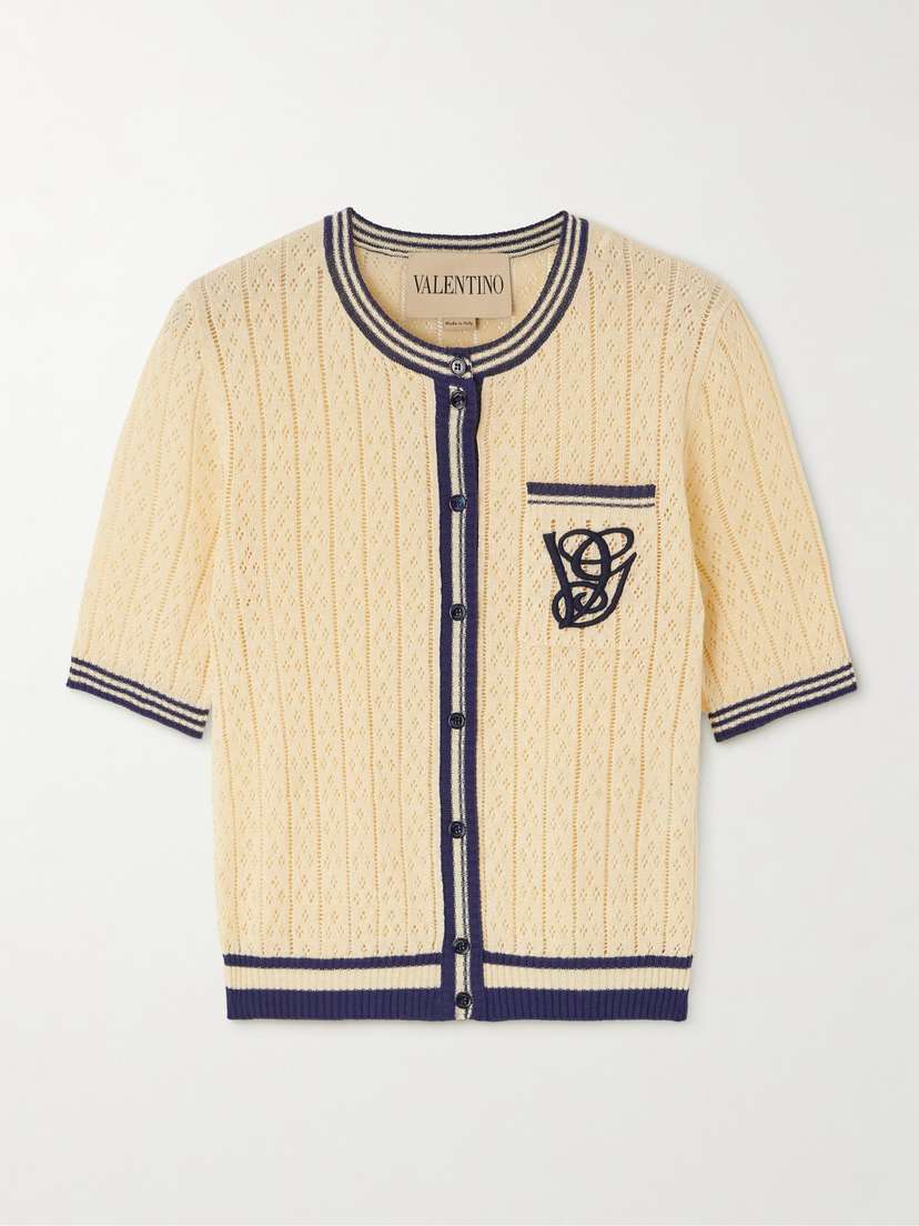 Valentino Garavani — Embroidered striped pointelle-knit linen-blend cardigan